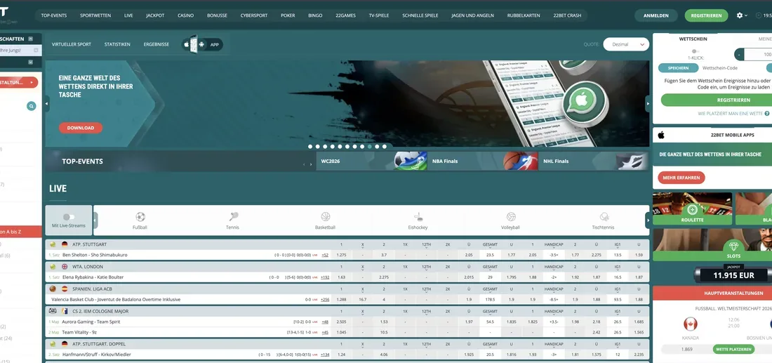 22Bet-Lobby mit Provider-Filter und Spielen von Pragmatic Play, Evolution und NetEnt